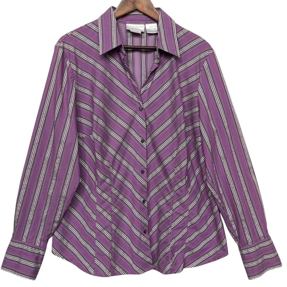 Worthington Woman 1X Purple Striped Button Down Shirt Stretch Easy Care Blouse